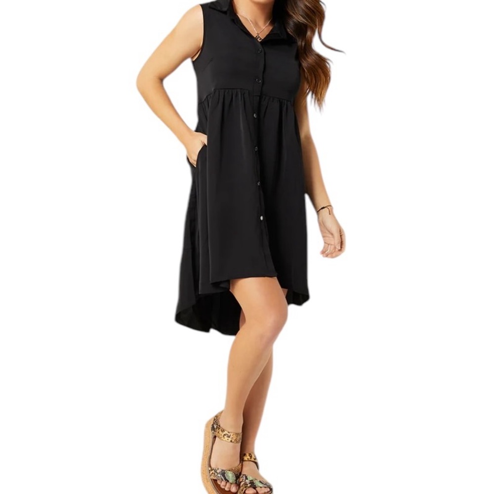 Coco + Carmen "Georgina" Black Button-Down Sleeveless Babydoll Hi-Lo Dress S/M